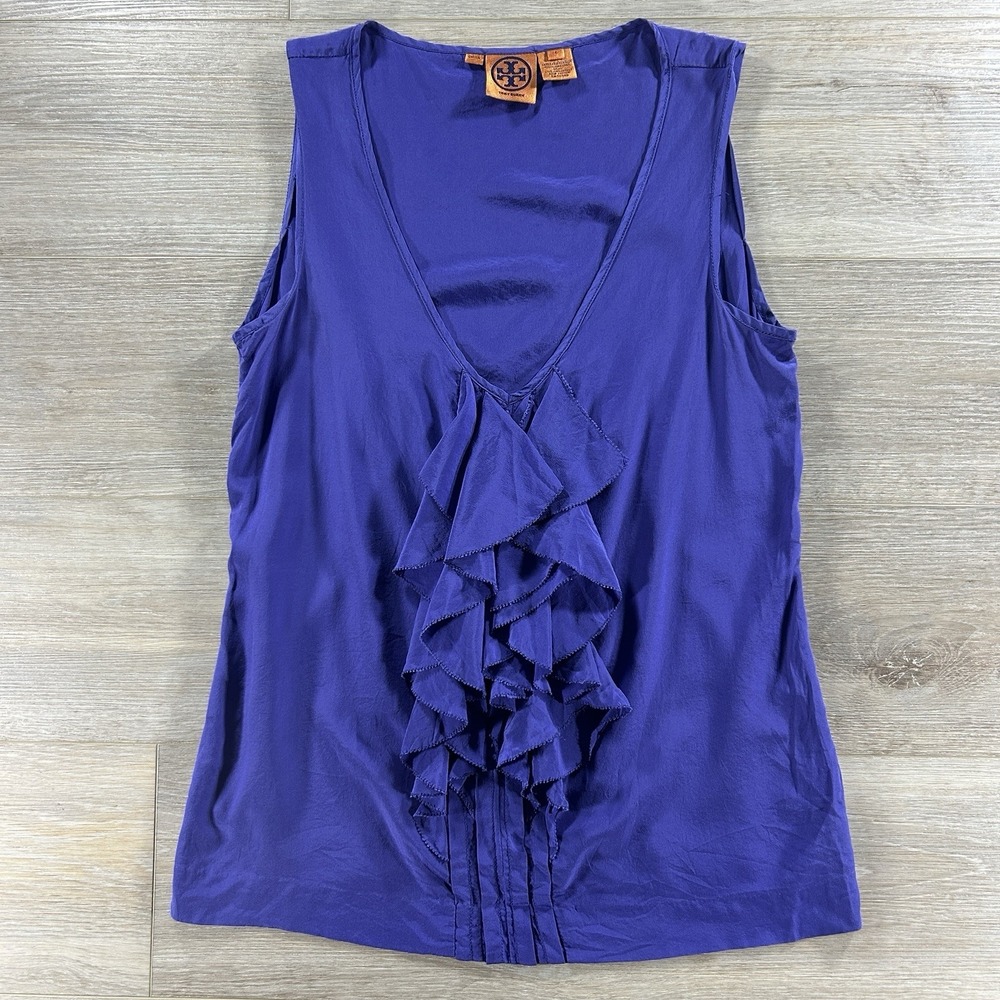 Tory Burch Size 6 100% Silk Ruffle‎ Pintuck Sleeveless Purple Blouse Workwear